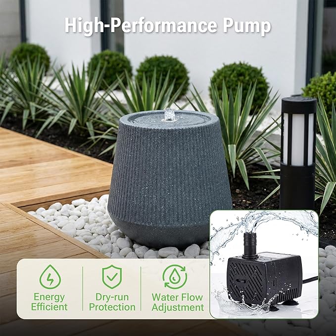 10-Inch Outdoor Water Fountain, Made with Eco-Friendly Recyclable Polyethylene, Round Bubbler Waterfall Fountain with LED Light, Home Art Decor for Patio, Porch, Yard, Deck, Balcony in Gray