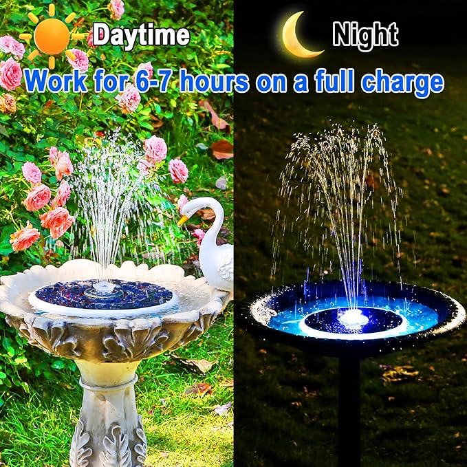 AISITIN 6.5W Solar Bird Bath Fountain with 3000mAh Battery & Color Changing LED Lights & 4 Anti-Drift Fixing Rod & 8 Nozzles, Upgraded Solar Fountain for Bird Bath, Garden, Backyard, Pond, Fish Pond
