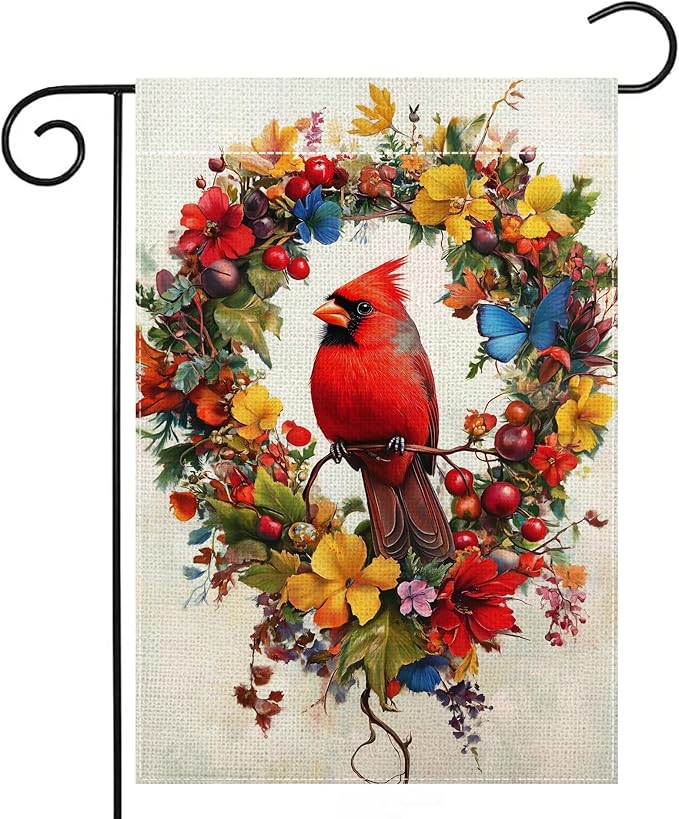 Red Bird Butterfly Flowers Garden Flag 12x18 Inch Double Sided Spring Summer Cardinal Colorful Floral Love Hearts Yard Outdoor Flag House Holiday Outside Decoration