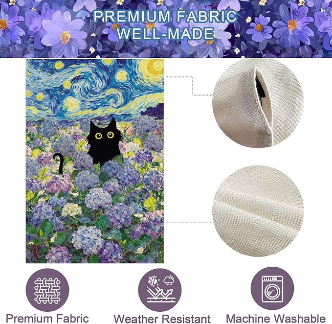 Baccessor Spring Summer Cat Garden Flag 12.5x18 Inch Double Sided Burlap with Clip and Stopper, Hydrangea Flowers Flags Starry Night Yard Lawn Seasonal Farmhouse Outside Outdoor Decoration