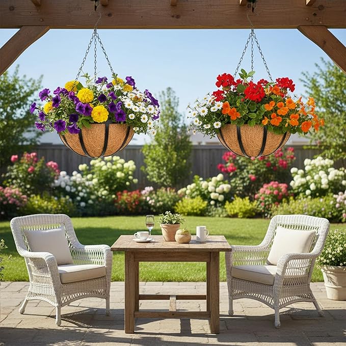 4 Pack 12 inch Metal Hanging Planters Basket Set Round Wire Plant Holder with Coco Fiber Liners Chain Indoor Outdoor Hanging Baskets for Garden Balcony Patio Deck Porch Vegetables Flower Plants