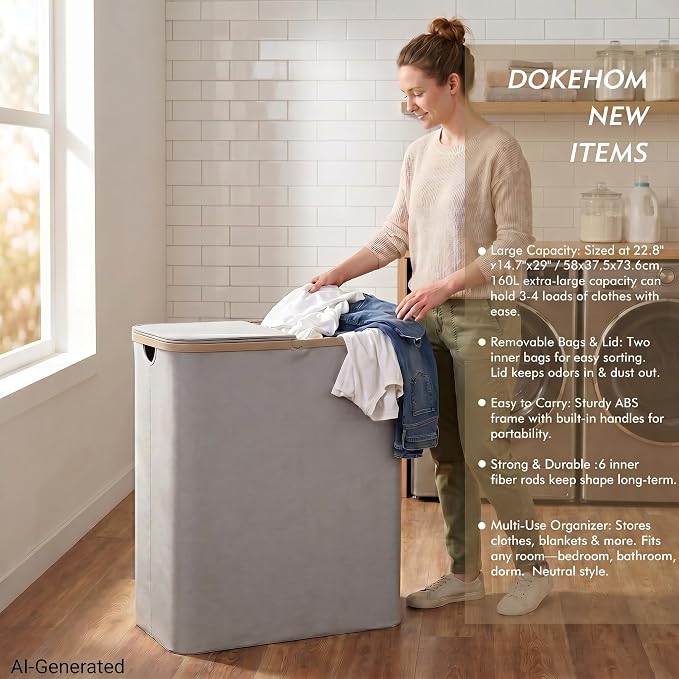 DOKEHOM 160L Double Laundry Basket Hamper with Lid & Removable Bags, Grey | Extra large 2-section collapsible clothes hamper, foldable laundry sorter bin with mesh inserts. Ideal for family use
