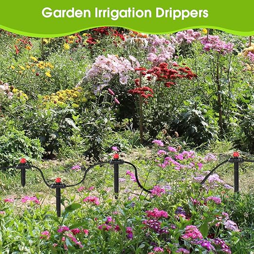 25 Pcs Drip Irrigation Emitters with Stake - Adjustable Drip Emitter Stream for 1/4" Drip Line Irrigation Tubing - Drip Irrigation System Parts Drippers Sprinkler Heads for Garden Watering System -Red