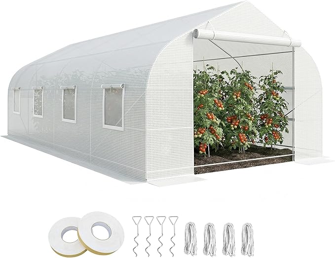 Outsunny 20' x 10' x 7' Outdoor Walk-in Greenhouse, Tunnel Green House with Roll-up Windows, Zippered Door, PE Cover, Heavy Duty Steel Frame, White