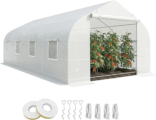 Outsunny 20' x 10' x 7' Outdoor Walk-in Greenhouse, Tunnel Green House with Roll-up Windows, Zippered Door, PE Cover, Heavy Duty Steel Frame, White