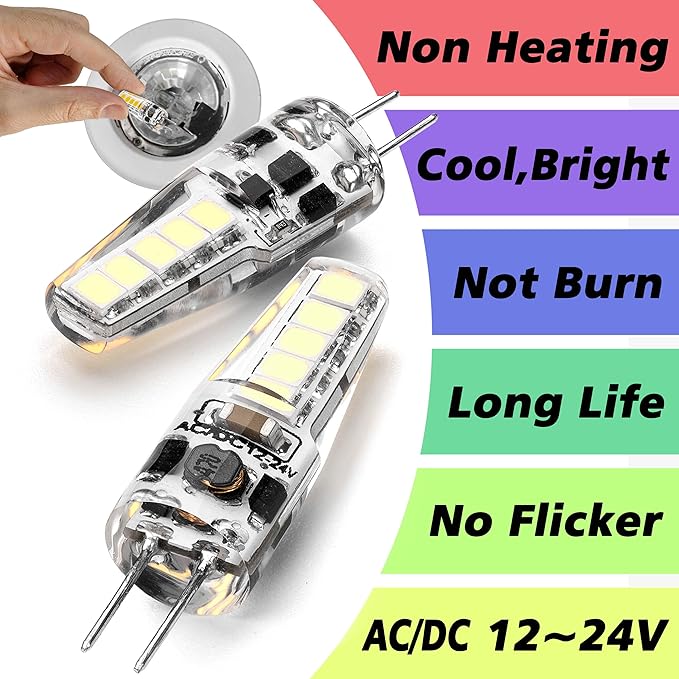 Heifymi 12 Volt G4 LED Bulb,20W-35W T3 JC Halogen Bulb Equivalent, 6000K Daylight White 3W 350LM for RV Camper Puck Light,Chandeliers,Landscape Lighting,Microwave Lighting,Under Cabinet Light,10 Pack