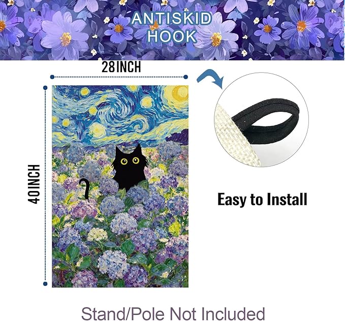 Baccessor Spring Summer Cat House Flag 28x40 Inch Double Sided Burlap, Hydrangea Flowers Starry Night Large Flags Welcome Porch Patio Yard Seasonal Farmhouse Outside Outdoor Decor
