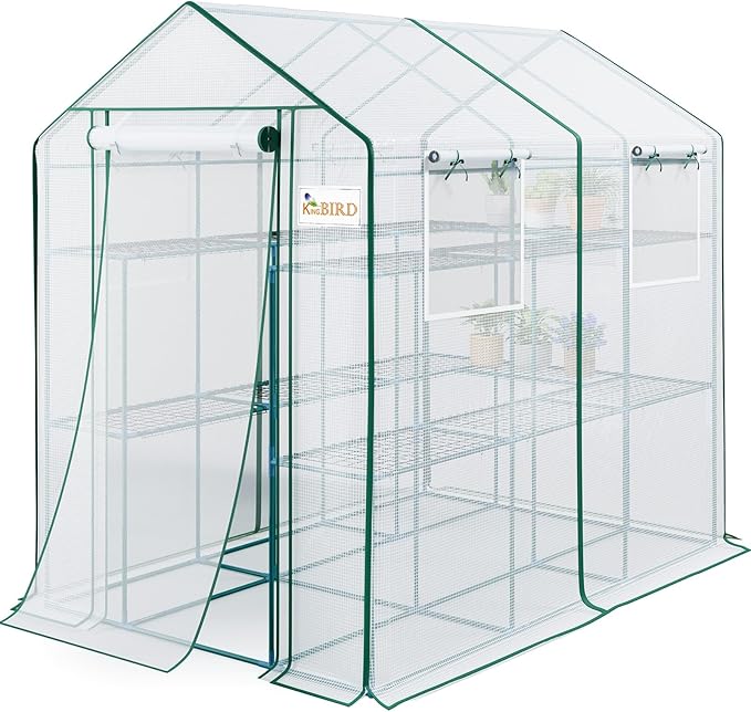 KING BIRD Premium Greenhouse for Outdoors, 84x56x77 Upgraded PVC Cover & Heavy Duty Steel Frame Walk-in Portable Green House for Outside Garden, Screen Windows & Mesh Door, 3 Tiers 14 Shelves, White