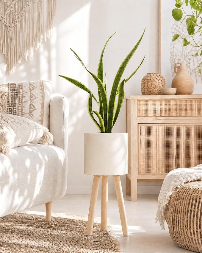 Bamworld Single Plant Holder for Indoor Plants Metal Planter Stand Wooden Leg White Plant Stand Indoor Flower Pot Stand 7in Plant Pot with Stand for Living Room Office Bedroom Decor Modern Home Decor Small