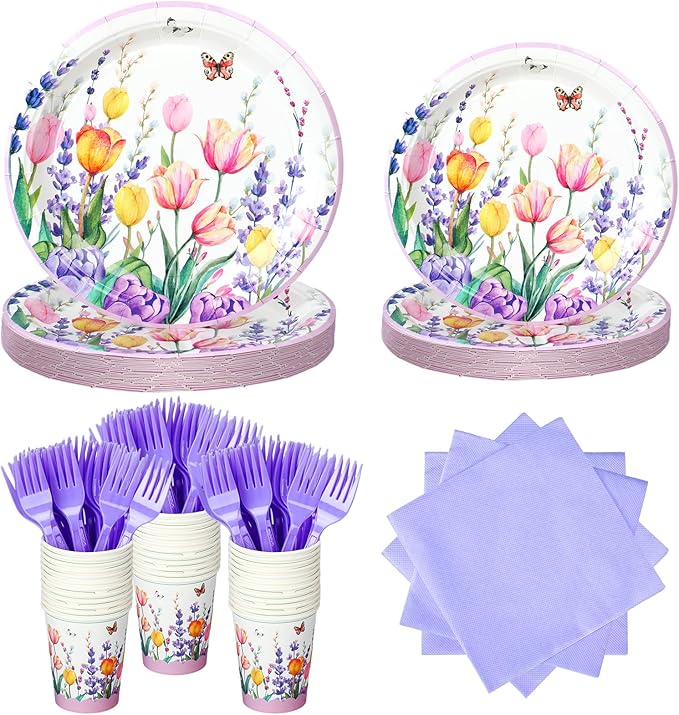 Mumufy 120 Pcs Spring Party Supplies Lavender Tulip Butterfly Floral Tableware Set Include 24 Disposable Paper Dinner Plates 24 Dessert Plate 24 Napkins 24 Cups 24 Forks for Spring Party Baby Shower