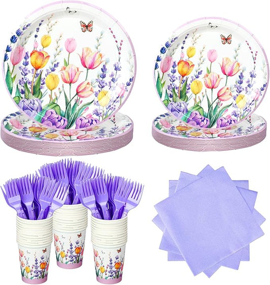 Mumufy 120 Pcs Spring Party Supplies Lavender Tulip Butterfly Floral Tableware Set Include 24 Disposable Paper Dinner Plates 24 Dessert Plate 24 Napkins 24 Cups 24 Forks for Spring Party Baby Shower