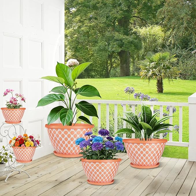 Nooulap 4 Pack 10 Inch Flower Pots with Drainage, Plastic Planters for Indoor Outdoor Plants, Orange Lattice Design Plant Pots for Balcony Patio Porch Garden Decor
