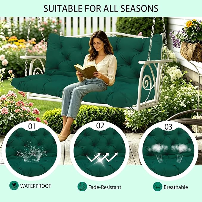 5" Thick Outdoor Porch Swing Cushions Waterproof Fade-Resistant 60x40 Inch 3 Seater with 8 Anti-Slip Ties Durable Replacement Cushion for Patio Long Bench Garden Furniture