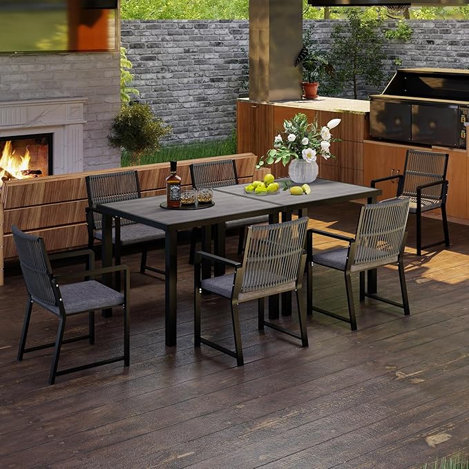 Outdoor Patio Wicker Rattan Dining Chairs, Heavy-Duty Wrought Iron Frame Supports 300lbs, Ergonomic Backrest, Detachable Breathable Cushion, for Garden & Porch, Black, Set of 8