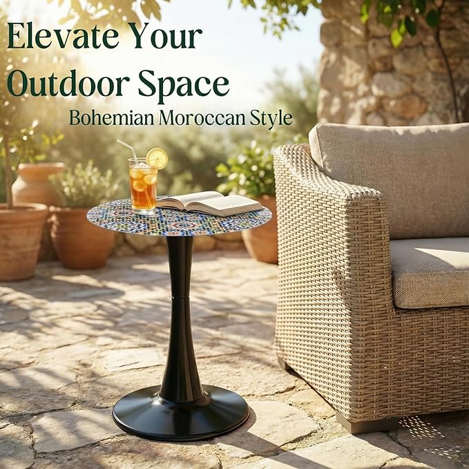 Simmer Stone 13.4" Outdoor Side Table, Round Patio Bistro Table Printed Tempered Glass Top, Waterproof Rust-Proof Base, Small Plant Stand for Balcony, Garden, Deck, 21.6" H (Morocco)