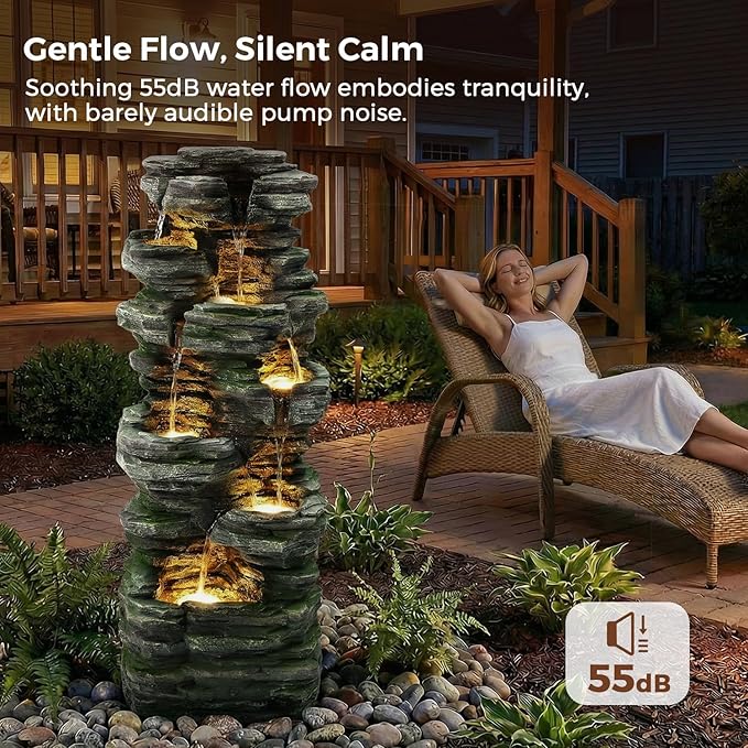46" H Outdoor Water Fountain, 7-Tiers Cascading Rock Waterfall Fountain with 6 Warm LED Lights, Large Water Feature for Outdoor Indoor, Garden Water Fountain for Patio, Yark, Deck, Porch, Home Decor