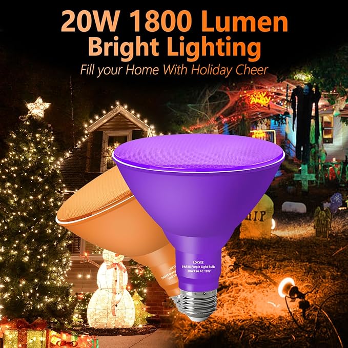 PAR38 Flood Orange Purple Light Bulbs,2 Pack Dimmable,E26 Base Purple Orange Flood Light Outoor(20W Replace to 200W),Halloween Light Bulb for Outside,Christmas,Holiday Lighting