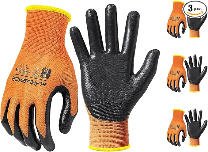 MANUSAGE Safety Work Gloves Nitrile For Men and Women, with Touchscreen Fingers, Men's Work Gloves with Grip, Mechanics Gloves (Size XL, Orange, 3-pairs)