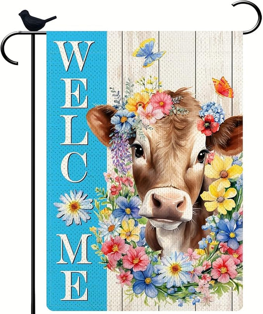 Spring Welcome Cow Garden Flag 12 x 18 inch Double Sided Outside decorations,Funny Cute Animal Small Garden Flags For Outdoor Yard Lawn