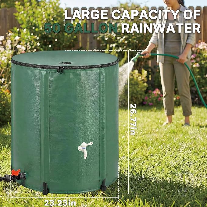 50 Gallon Collapsible Rain Barrel, Rainwater Collection Barrel with Drain Valve, Overflow Outlet and Mesh Cover, Foldable Water Storage Tank for Gutter Downspout, Garden Watering
