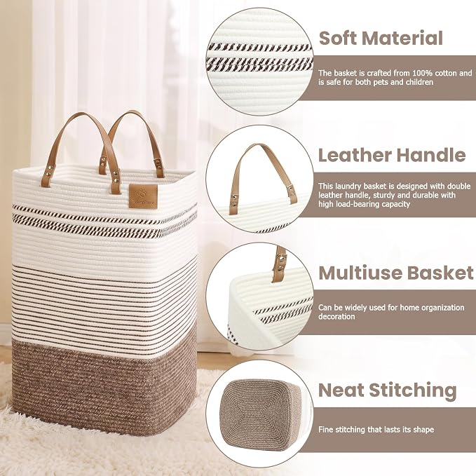 danpinera 100L Nursery Hamper, Tall Woven Laundry Basket with Long Leather Handles, Boho Laundry Hamper for Living Room, Eco-friendly & Convenient Decorative Storage Basket, White & Dark Brown