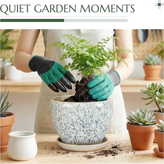 10.2 Inch Ceramic Planter with Saucer Leak-Proof Mesh &Drainage, Round Plant Pot with Gardening Gloves for Indoor Outdoor Plants (Blue Crackle Glaze)