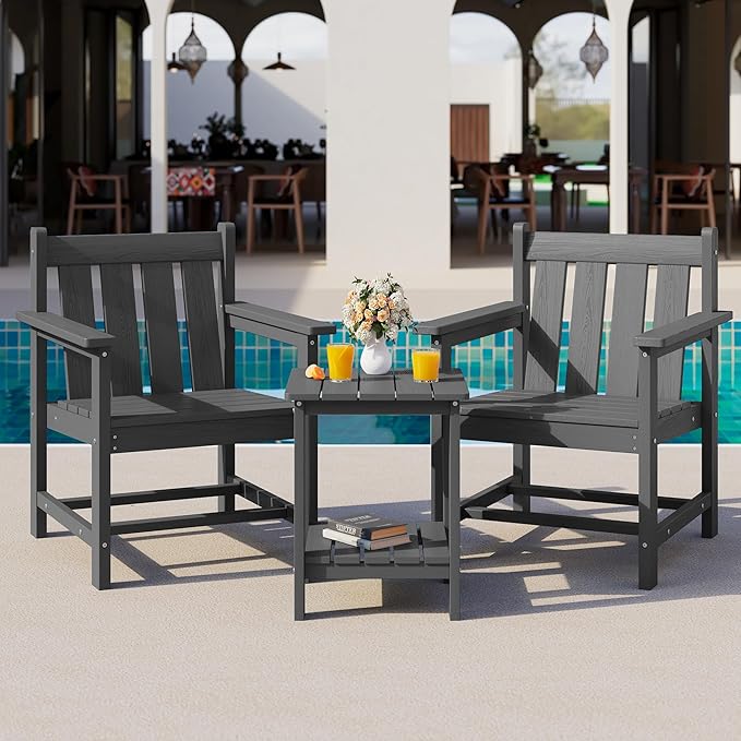 SEWRWALL 3 Pieces Patio Bistro Set, All Weather Adirondack Chair Set with Side Table, HDPE Material Outdoor Patio Furniture Set for Balcony, Porch, Garden, Backyard- Gray