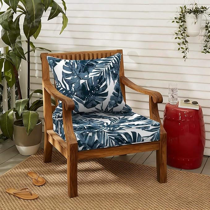LVTXIII Outdoor Deep Seat Cushion Patio Seat and Back Cushion Set Seasonal Chair Cushion with Removable Cover and Adjustable Buckle for Home and Garden, 22"x22"x4", Palms Blue