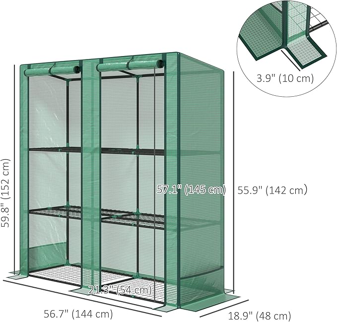 Outsunny Lean-to Greenhouse with 3 Tier Shelves, 56.7" x 18.9" x 59.8" Portable Small Greenhouse with PE Cover, 2 Roll-Up Zippered Doors, for Indoor Outdoor Garden Backyard Balcony, Green