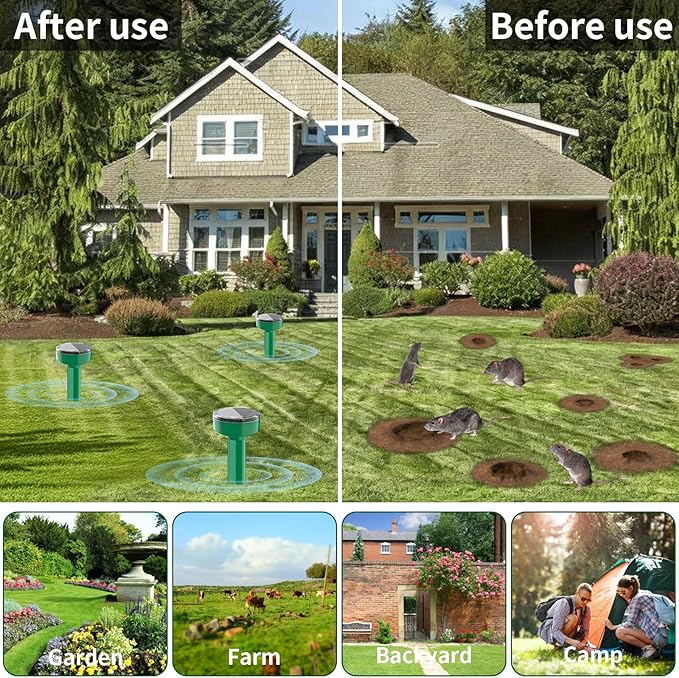 Mole Repellent Solar Powered Ultrasonic Gopher Repellent Outdoor, Sonic Mole Deterrent Spikes, Snake Repellent for Yard, Get Rid of Burrowing Rodents Chipmunks Voles Groundhogs Lawn Garden,8 Pack