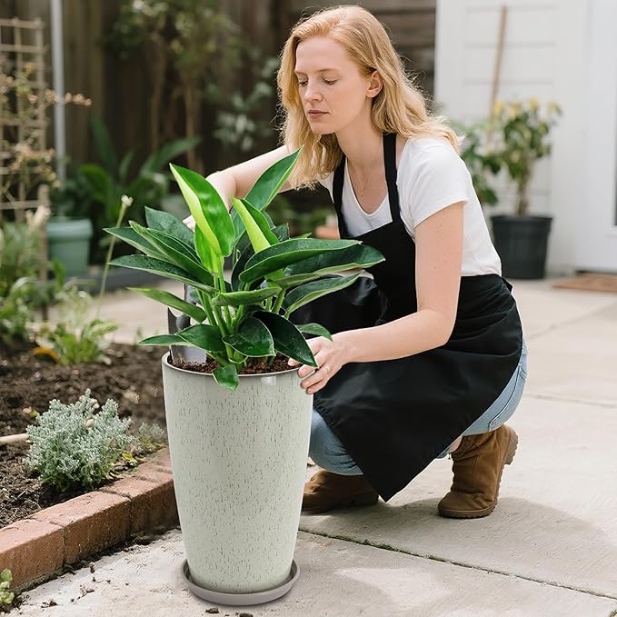 Neoaider 24/21/12 Inch Large Plastic Planter, Lightweight Ceramic-Look Tall Planters with Drain Hole & Saucers, Tall Plastic Planters for Porch, Garden, Patio, Balcony(Drip Glaze)