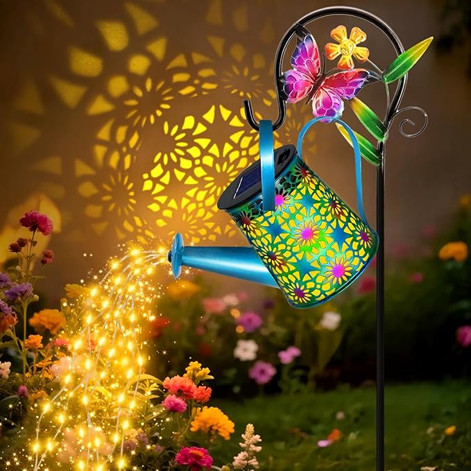 Solar Lights Outdoor Decorative, Blue Metal Solar Watering Can Lights Waterproof, Gifts for Women Mom Mother's Day, Hanging Lantern Decoration Garden Decor Yard Light for Outside Patio Lawn Porch