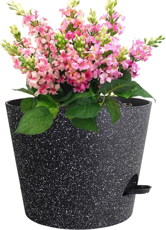 Meowell 12 inch Large Self Watering Pots, Plant Pots with Mesh Drainage Holes for Indoor Outdoor Plants, Plastic Planters with Deep Reservoir for Garden House Flower Plants, Speckled Black