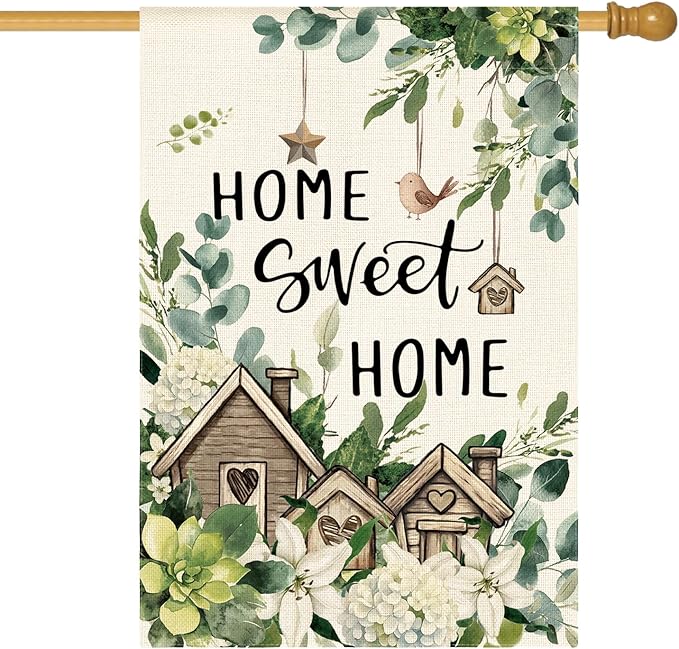 AVOIN colorlife Home Sweet Home Birdhouse Spring Floral House Flag 28x40 Inch Double Sided Outside, Eucalyptus Flowers Seasonal Yard Outdoor Flag