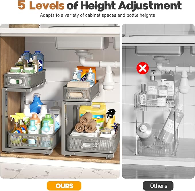 2 Pack 21.3IN-Depth Under Sink Organizer with Smooth Cylindrical Rail,2-Tier Pull Out Multi-Purpose Cabinet Storage for Bathroom&Kitchen,Height Adjustable,Rust-Resistant Coating-Gun Gray