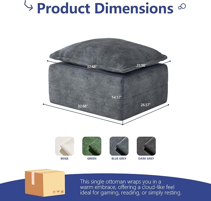 Hobestluk Cloud Memory Foam Ottoman, Removable Cover Footrest, Blue Grey