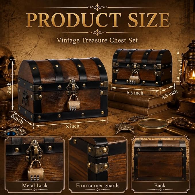 Vicenpal 2 Wooden Tree Keepsake Boxes with Lock, Handmade Decorative Treasure Chest Box, Gift Ideas for Men Women (8 x 6 x 6 & 6.5 x 4.5 x 4.5 Inches,Iron Rivets,Brown)