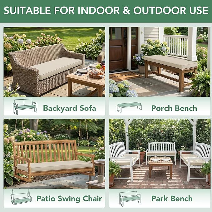 Summsun Outdoor Bench Cushion: Waterproof and Fade Resistant Patio Furniture Cushions - Non-Slip Bench Pad Cushion with Removable Cover for Garden Swing Porch Sofa Settee, 45 x 18 Inch, Beige