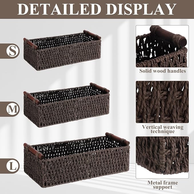 Boao 3 Pcs Boho Storage Wicker Baskets Handmade Woven Decorative Paper Rope Baskets for Organizing with Handle Countertop Toilet Paper Storage Container for Toilet Tank Top(Dark Brown,Rectangle)