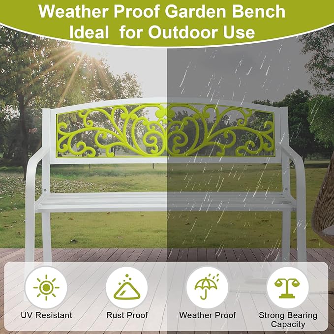 Outvita Outdoor Bench, 50" Metal Frame Garden Bench Patio Porch Furniture with Plastic Floral Design Backrest Powder-Coated Chair Yard Entryway Deck Furniture(White & Yellow)