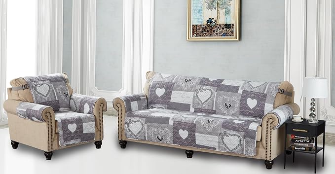 Brilliant Sunshine Grey Heart Love Patchwork Loveseat Cover, 54" seat