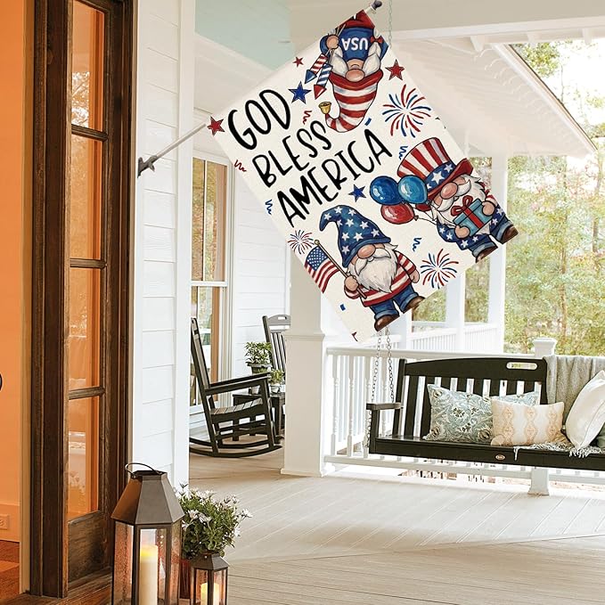 AVOIN colorlife God Bless America Patriotic 4th of July House Flag 28x40 Inch Double Sided Outside, American Stars and Stripes Gnomes Yard Outdoor Decoration
