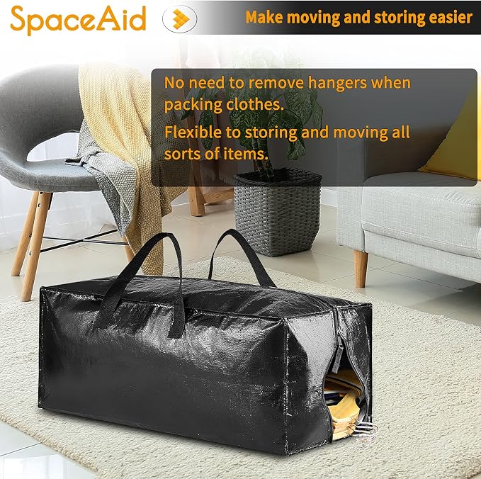 SpaceAid Heavy Duty Moving Bags 8 Pack, Large Storage Totes Bins with Backpack Straps, Strong Handles & Zippers, Packing Moving Boxes Supplies, College Dorm Room Essentials, Black