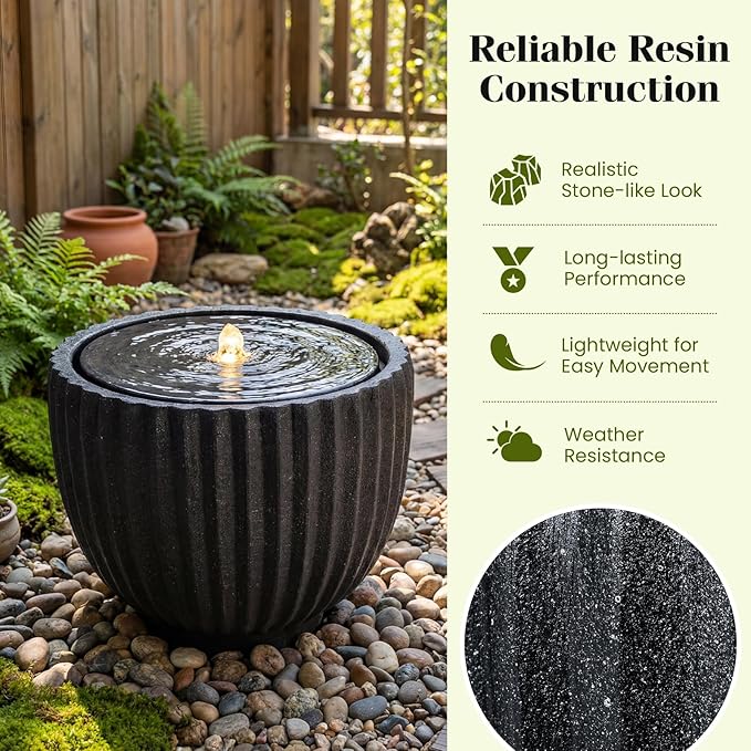 Giantex 18" Round Outdoor Water Fountain with 6 LED Lights, Stone Gray Resin Sphere Waterfall Feature with Adjustable Pump, Lighted Bubbling Fountain for Garden Patio Porch Decor (17.5" Dia. x 14" H)