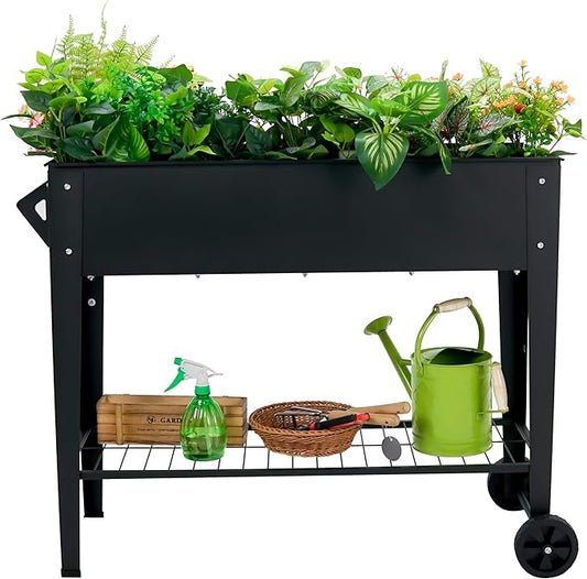 Raised Garden Bed with Legs and Wheels Removable for Outdoor, 31.6 * 14.6'' Metal Planter Raised Box for Growing Vegetables Herb Flower in Patio(Black)