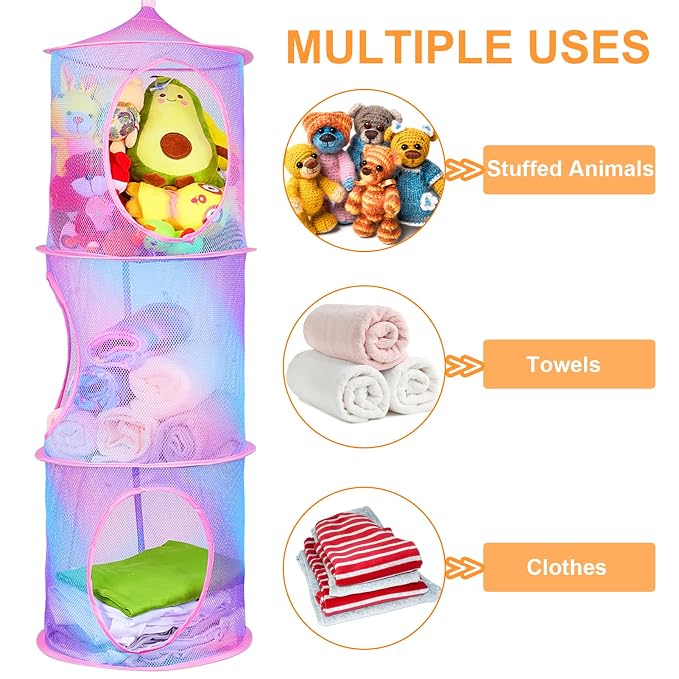 Basumee Hanging Stuffed Animals Storage, 2 Pack Mesh Plush Storage, 3-Tier
