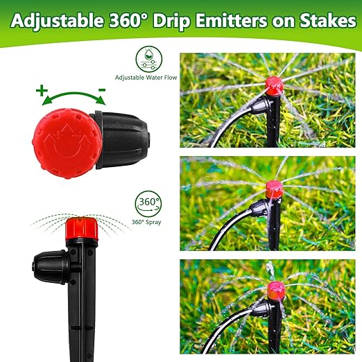 50 Pieces Drip Irrigation Emitters, Adjustable 360 Degree Drip Stream Emitters on 5" with Stake for 1/4" Drip Irrigation Tubing Irrigation 8 Hole Stream Drippers for Garden Watering System