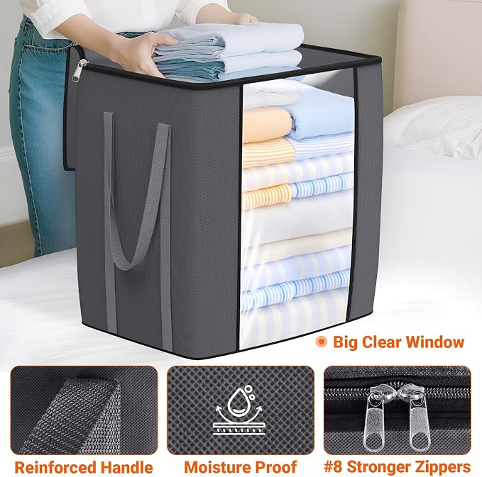 TasticTotes 120L Extra Large Blanket Clothes Storage Bags, Black, 4 Pack