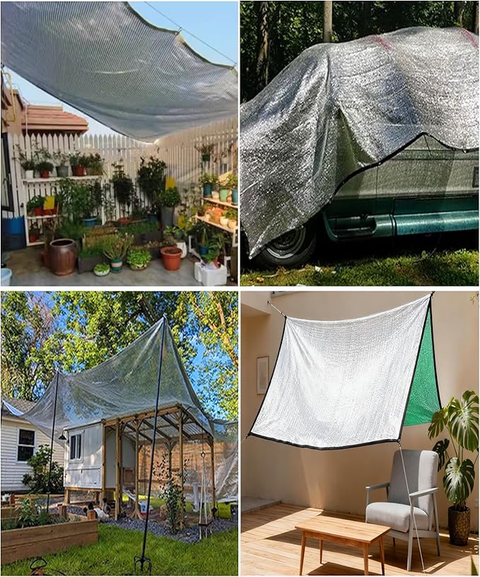 Thickened 90%-95% Aluminum Sun Shade Cloth with Grommets 20 FT x 20 FT - Shade Cover Canopy, Mesh Tarp Sun Screens - Silver Heat Reflective Tarp for Outdoor Pergola,Greenhouse,Patio,Garden,Lawn,Cars