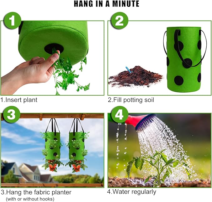 Homyhoo 2 Pack Green Upside Down Tomato & Herb Planter, Outdoor Hanging Durable Aeration Fabric Strawberry Planter Bags